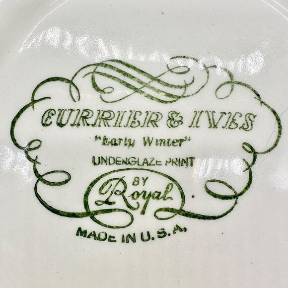 Currier and Ives Early Winter Royal Dinner Bowl 8 inch Blue White Underglaze USA - Picture 4 of 5